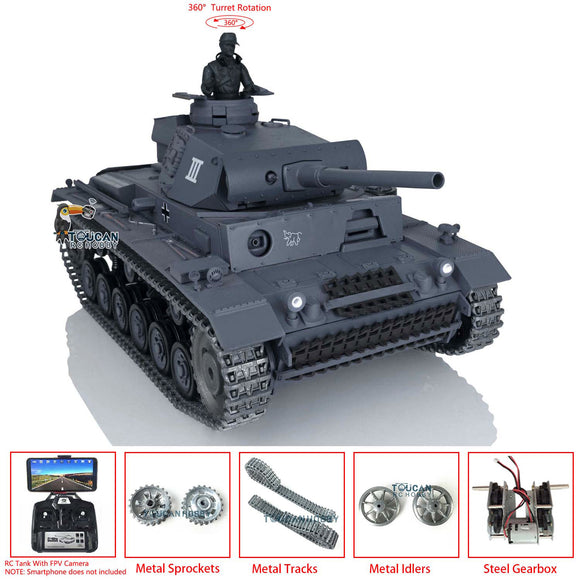 2.4Ghz Henglong 1/16 Scale TK7.0 Upgraded Panzer III L RTR RC Metal Version Tank 3848 360 Turret Tracks Sprockets Idlers FPV