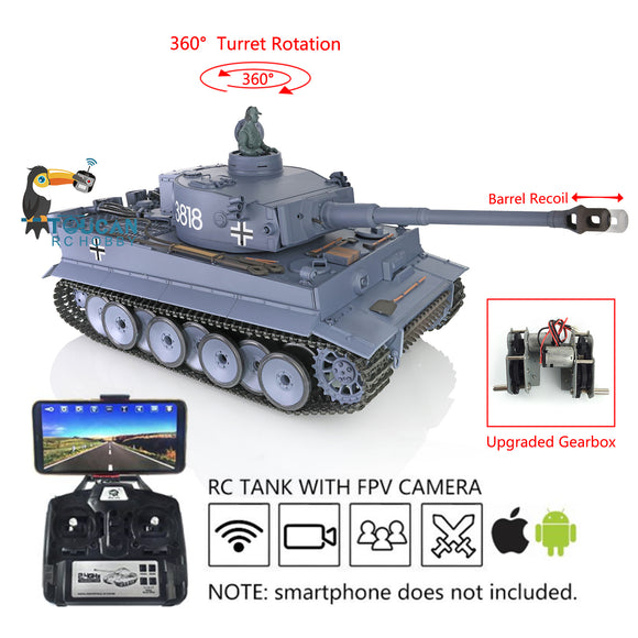 Henglong 1/16 TK7.0 Plastic German Tiger I RC Ready To Run Tank 3818 360 Turret Tracks Barrel Recoil FPV Metal Driving Gearbox