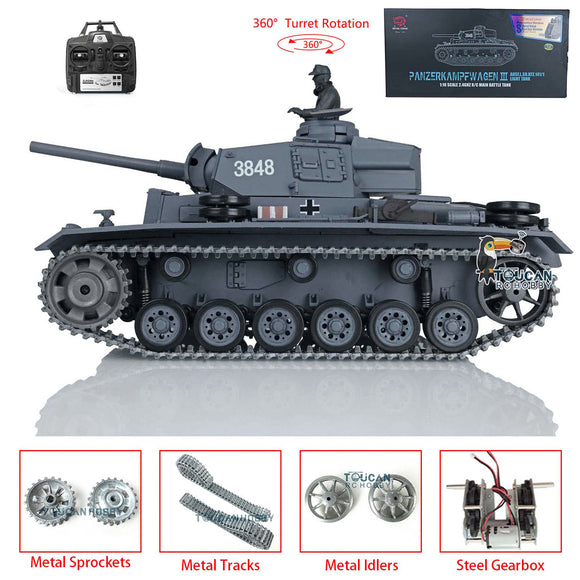 1/16 Scale TK7.0 Upgraded 2.4Ghz Henglong Panzer III L Mental Version RTR RC Tank Model 3848 with 360 Turret Smoke Sound BB IR