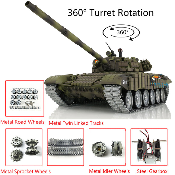 Customized Ver Heng Long Military Radio Controlled 1/16 T72 TK7.0 Ready To Run Tank 3939 360 Rotation Metal Road Wheels Armor