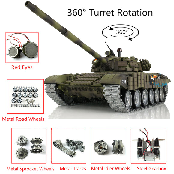 Customized Henglong 1/16 Ready To Run Remote Controlled TK7.0 Russian T72 Tank 3939 360 Metal Tracks Red Eyes Smoke Sound