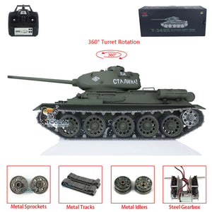 1/16 Scale TK7.0 Henglong Soviet T34-85 I Remote Controlled Ready To Run Tank 3909 W/ 360 Turret Metal Tracks Sprockets Idlers