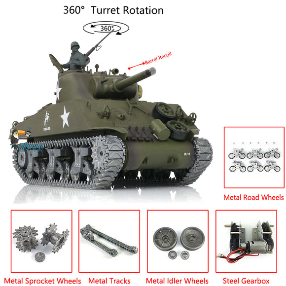 Henglong 1/16 TK7.0 M4A3 Sherman Remote Controlled Ready To Run Tank 3898 Barrel Recoil 360 Metal Road Wheels Smoke Sound