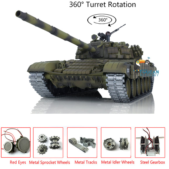 1:16 TK7.0 Henglong Soviet T72 Remote Controlled Ready To Run Tank 3939 360 Turret Red Eyes Armor Metal Tracks Sprockets Idlers