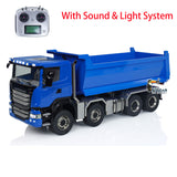 1:14 RC Hydraulic Roll-on Dump Truck 8x8 Radio Control Tipper Car Sounds Lights 3-speed Transmission Differential Lock Axles