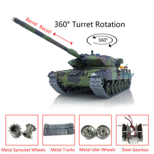 Henglong 1/16 Scale TK7.0 Leopard2A6 RC RTR Tank 3889 W/ 360 Turret Barrel Recoil Metal Tracks Sprockets Idlers Road Wheels